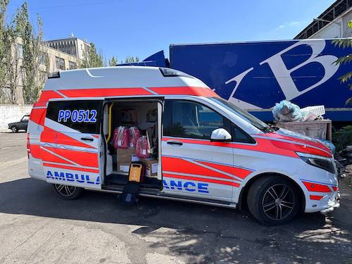 Ambulance equipped with AED and other supplies.