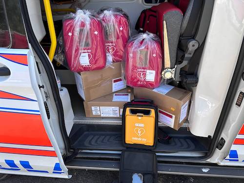 Ambulance equipped with AED and other supplies.